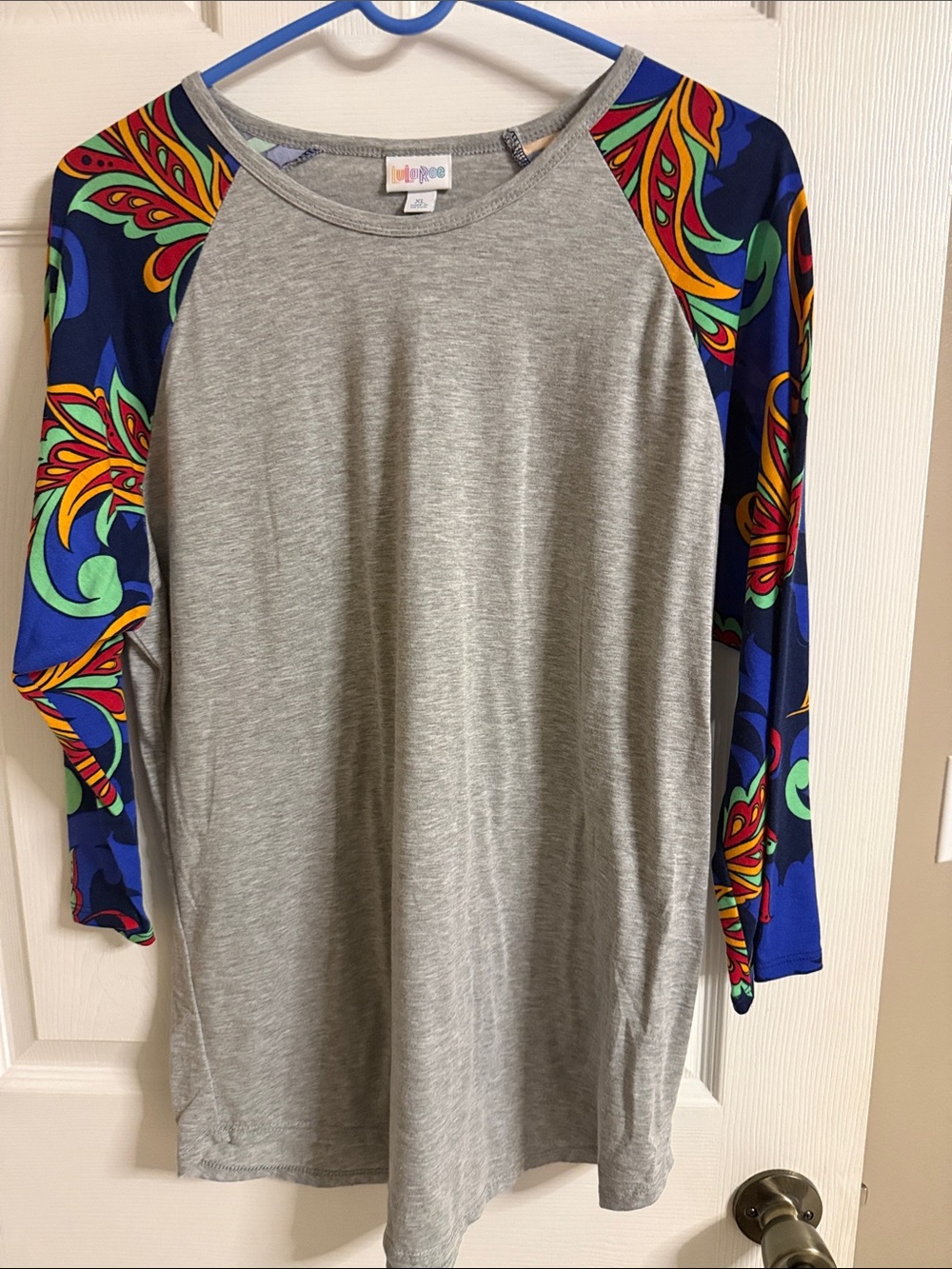 LuLaRoe Gray Raglan Top with Blue Multicolor Floral Sleeves
